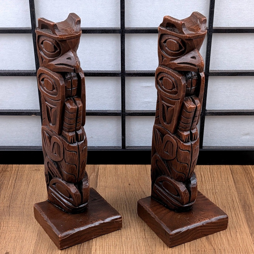 VTG Hand Carved Wood Totem Pole Bookends Set Eagle Pacific Northwest Folk Art